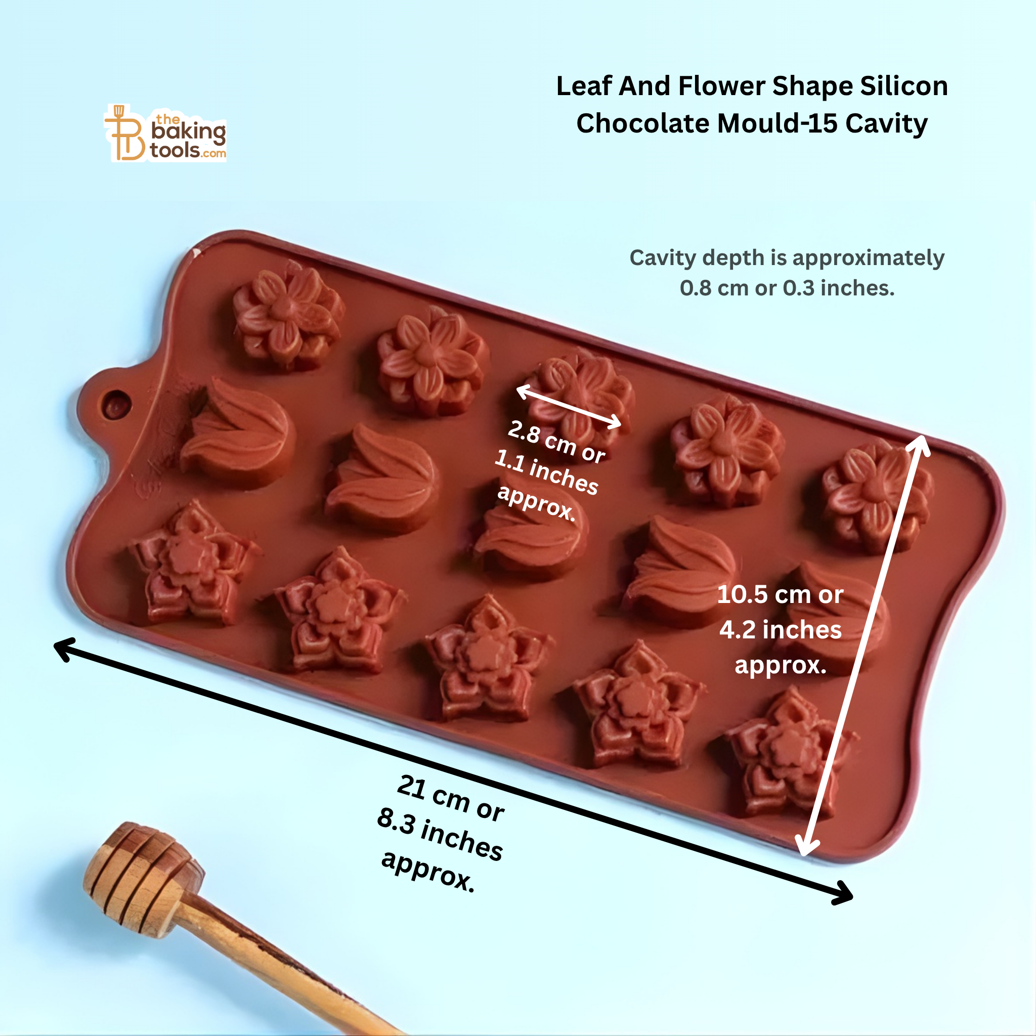 Silicone chocolate mould with leaf and flower shapes on a blue background with dimensions